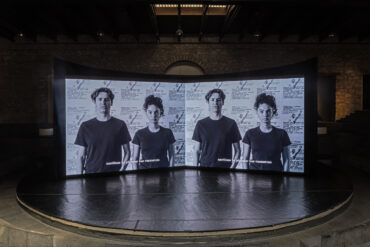 Bouchra Khalili The Circle: The Circle, 2023 Dual synchronized channel Video and16mm black and white film transferred to video, sound, color and black and white Dimensions variable Duration 56:33 Courtesy the artist and mor charpentier Co-commissioned by Sharjah Art Foundation; Luma Foundation; and MACBA, Barcelona Installation View space of togetherness NEON at the National Theatre of Greece Drama School | School of Athens - Irene Papas | Photography © Natalia Tsoukala, Courtesy NEON