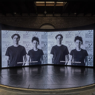 Bouchra Khalili The Circle: The Circle, 2023 Dual synchronized channel Video and16mm black and white film transferred to video, sound, color and black and white Dimensions variable Duration 56:33 Courtesy the artist and mor charpentier Co-commissioned by Sharjah Art Foundation; Luma Foundation; and MACBA, Barcelona Installation View space of togetherness NEON at the National Theatre of Greece Drama School | School of Athens - Irene Papas | Photography © Natalia Tsoukala, Courtesy NEON
