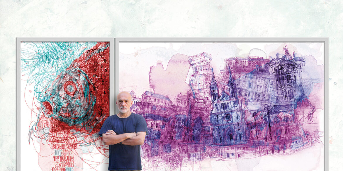 Vladimir Radibratovic poses in front of a piece of art from his "Cityscapes" series.