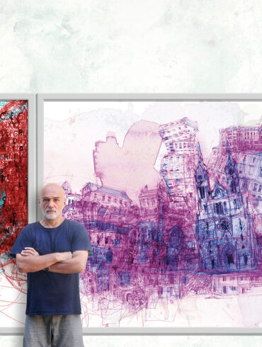 Vladimir Radibratovic poses in front of a piece of art from his "Cityscapes" series.