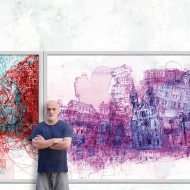 Vladimir Radibratovic poses in front of a piece of art from his "Cityscapes" series.