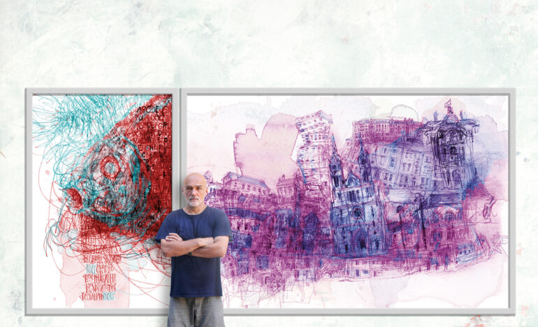 Vladimir Radibratovic poses in front of a piece of art from his "Cityscapes" series.
